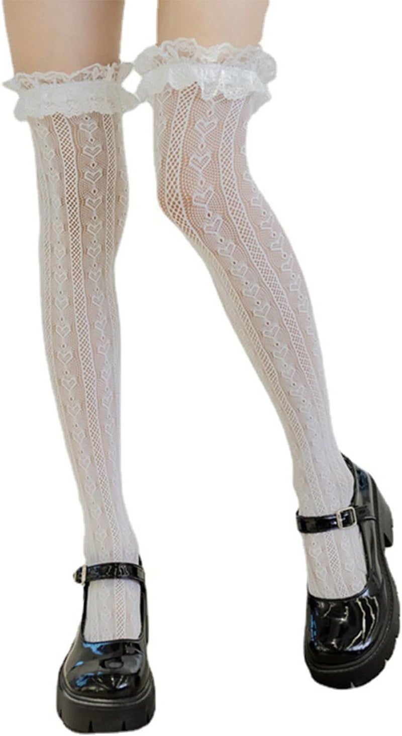 Ninejuize Thigh High Stockings with Bow, Santa Accessory Y2K Fishnet Socks with Lace Brim Lingerie Tights for Women - Image 1